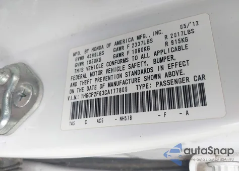 2012 Honda Accord 2.4 Se из США, поврежденный, VIN 1HGCP2F63CA177805